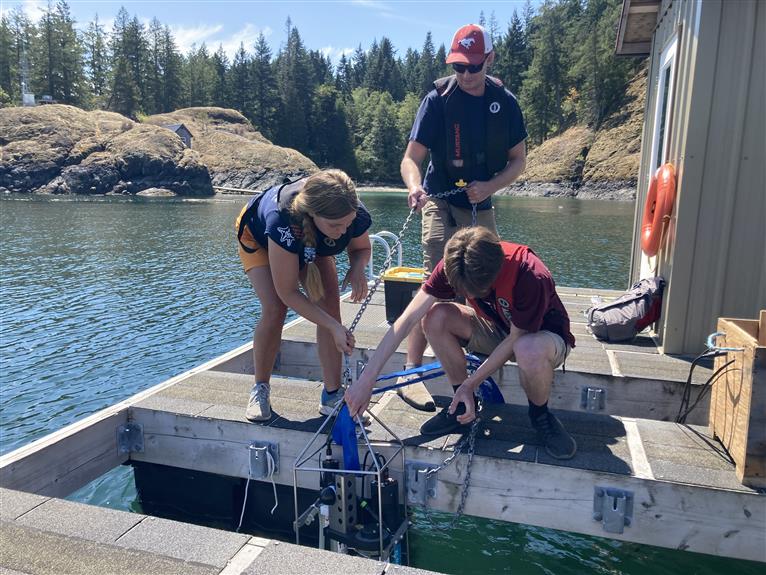 Students deploying ocean sensor technology from the dock into the water