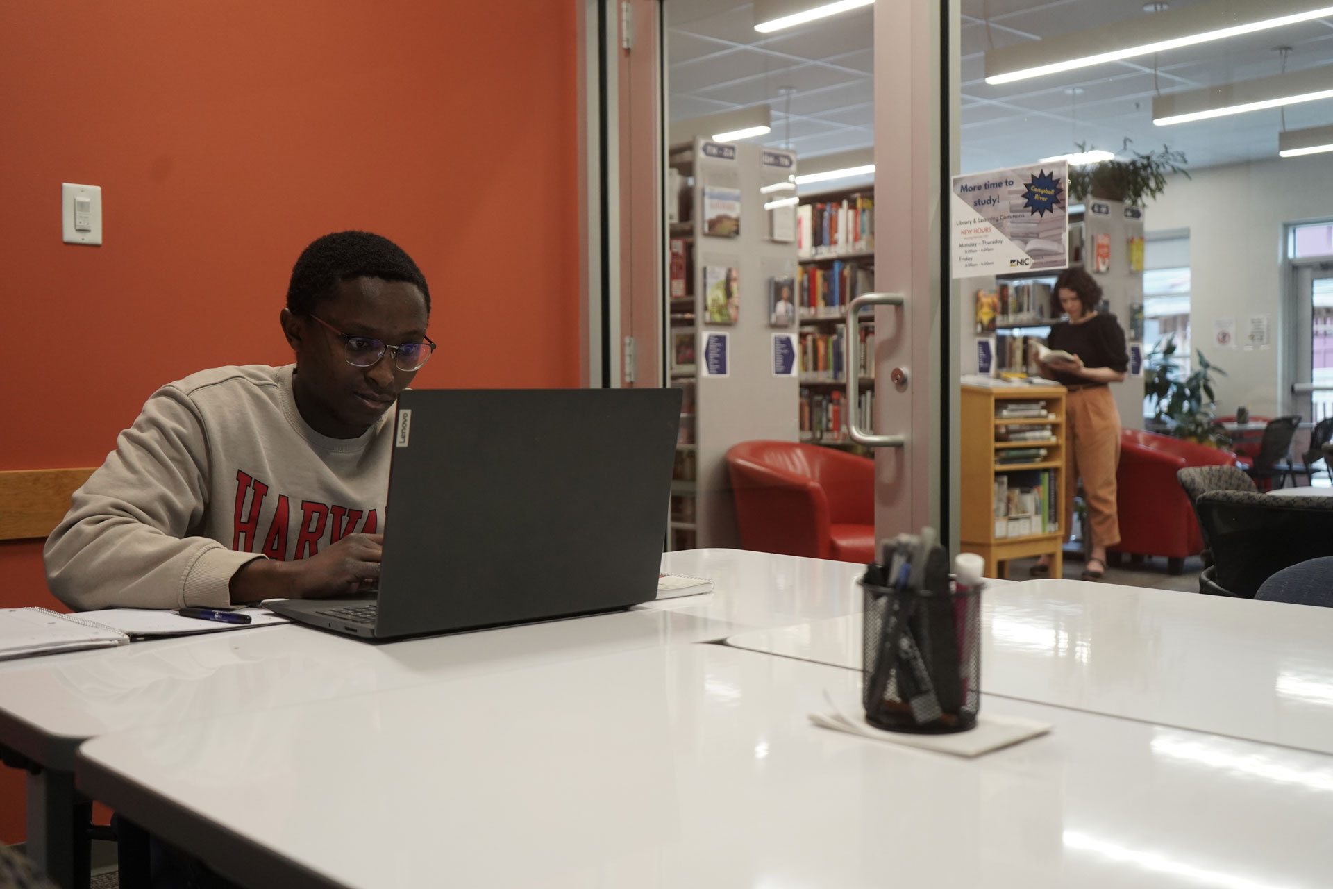 Student using a study space at the Campbell River campus