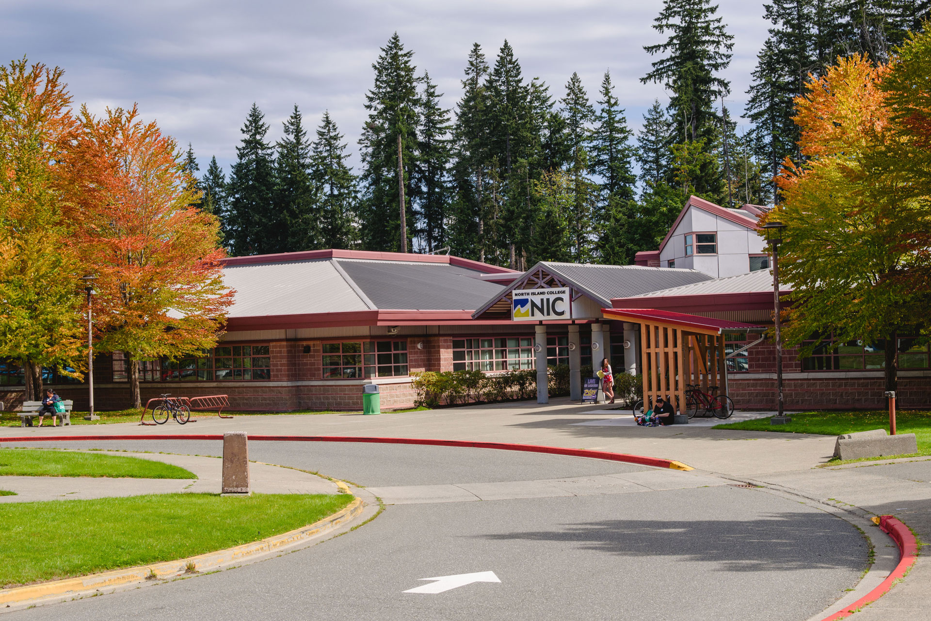 Campbell River campus front entrance on a fall day