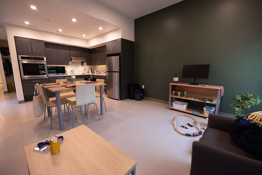 Living/dining area in a family suite at the NIC Comox Valley student housing commons